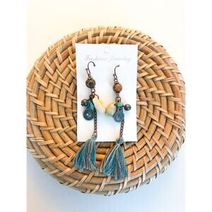 Boho Shell Charm Tassel Earrings Teal Dangle Mermaid Beach Coastal